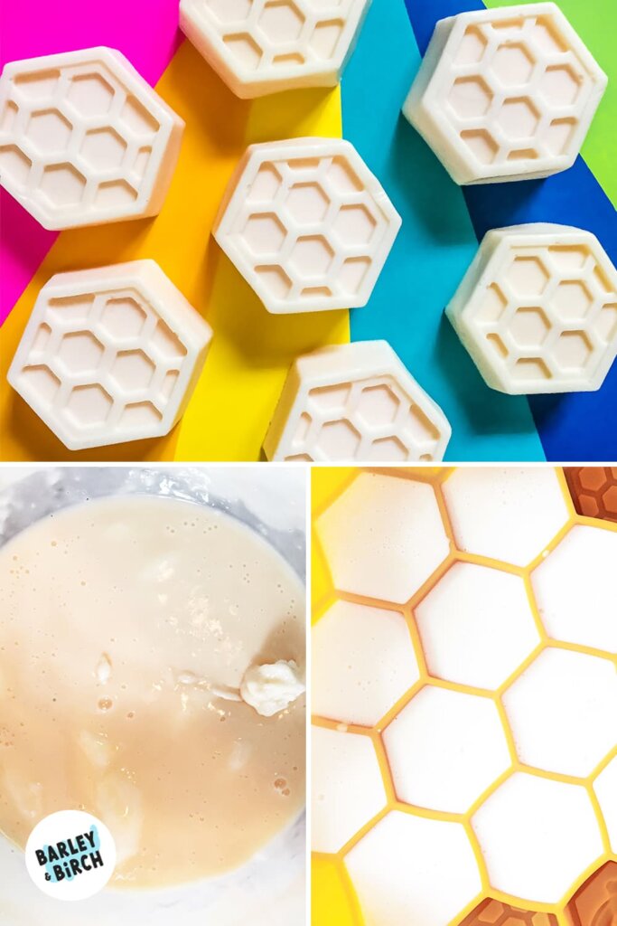 Process pictures showing how to make our easy homemade soap recipe in three steps