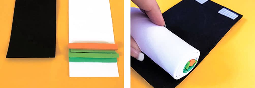 Roll pretend play ingredients into your felt or foam nori wraps.