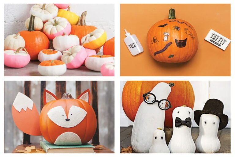 Photos of four of our favorite easy no-carve pumpkin ideas for kids