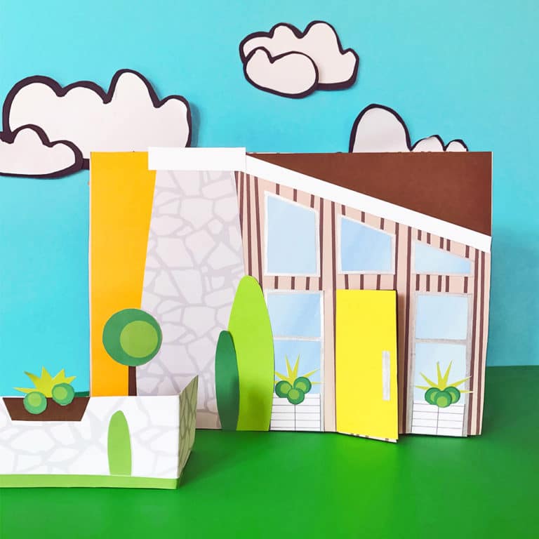 Create your own storybook mid-century modern DIY shoebox house using a cardboard box and collaging textures and simple shapes. A great rainy day activity for kids of any age!