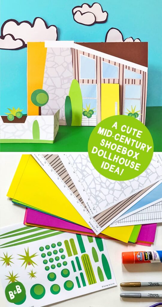Photos of our shoebox dollhouse and the paper mid-century modern house textures used to decorate it