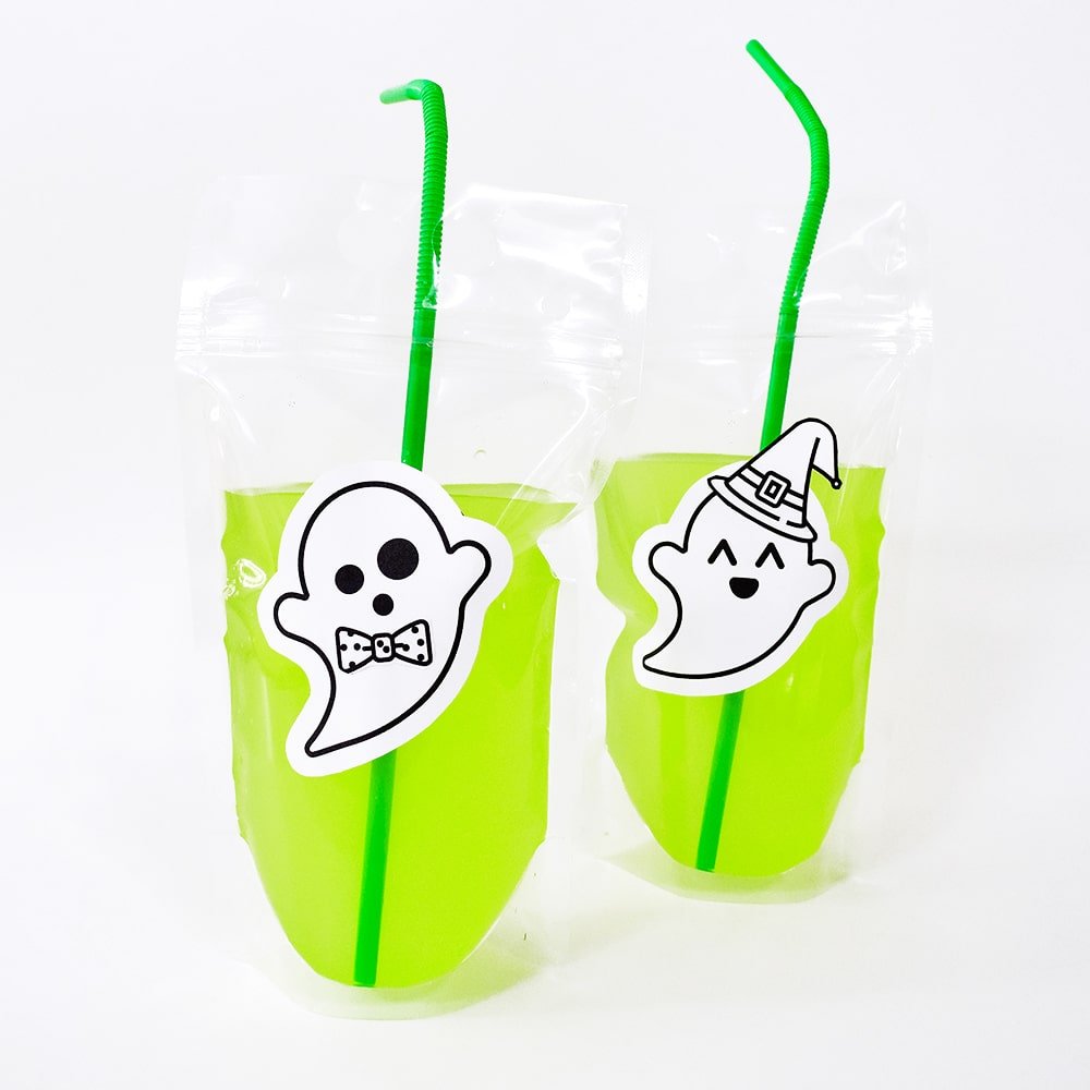 DIY Ecto-Cooler with a cute dress-up ghost sticker printable! Perfect for a kids Halloween party!