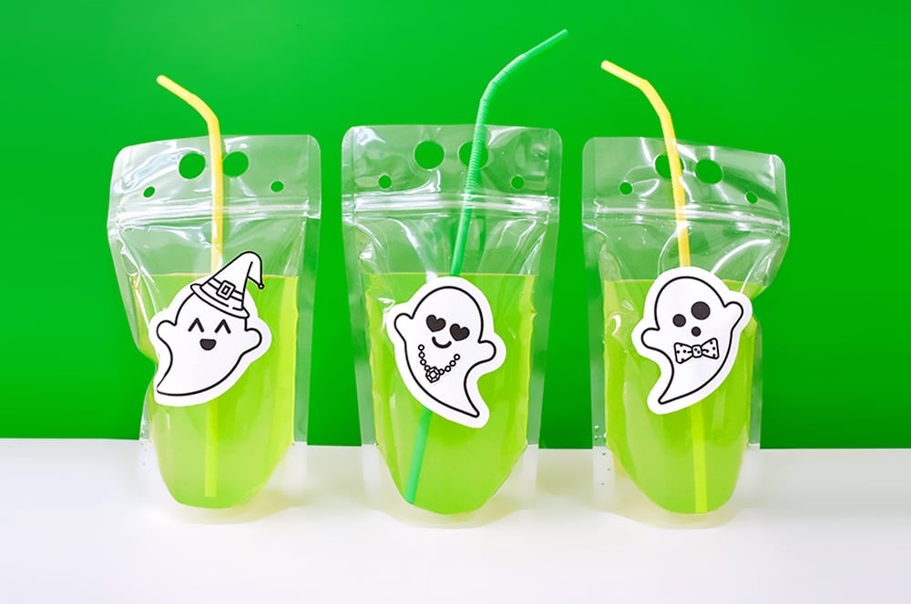 DIY Ecto-Cooler with a cute dress-up ghost sticker printable! Perfect for a kids Halloween party!