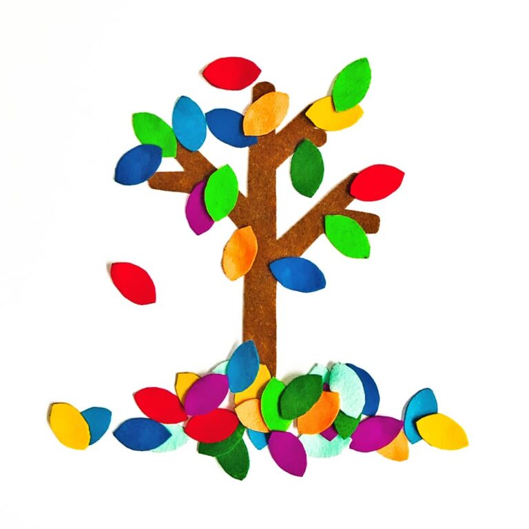 Our DIY felt fall counting tree with leaf arrangements sitting on a white background