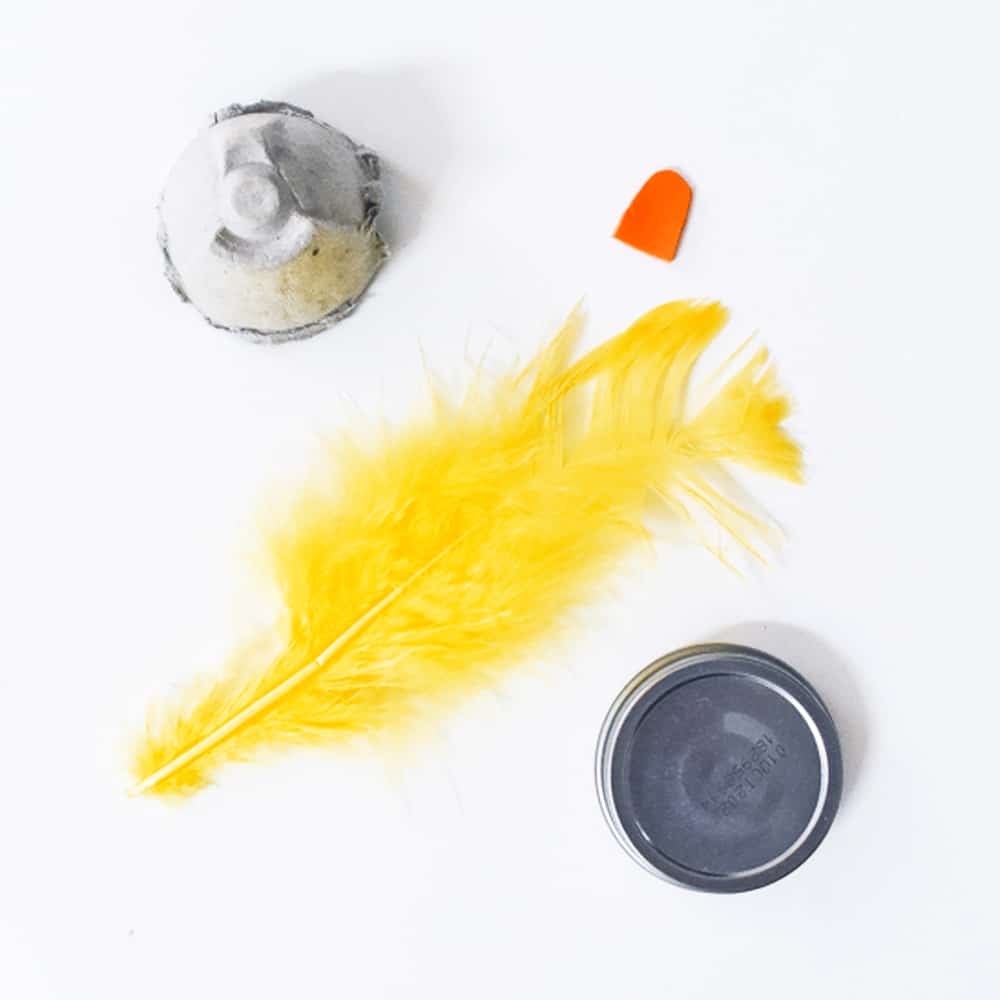 Cut an egg cup from an egg carton and gather a feather, paint, and baby food jar lid.