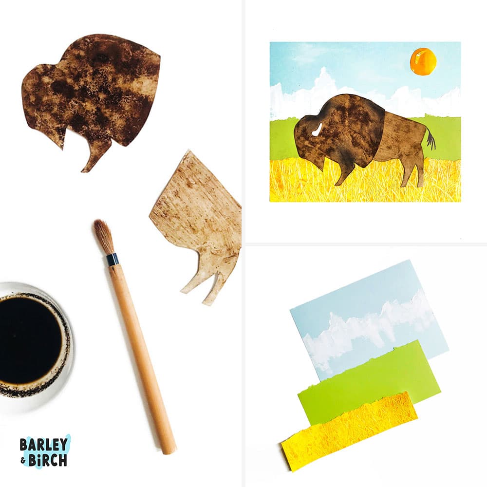 Process photos showing how to make coffee bison paintings with kids