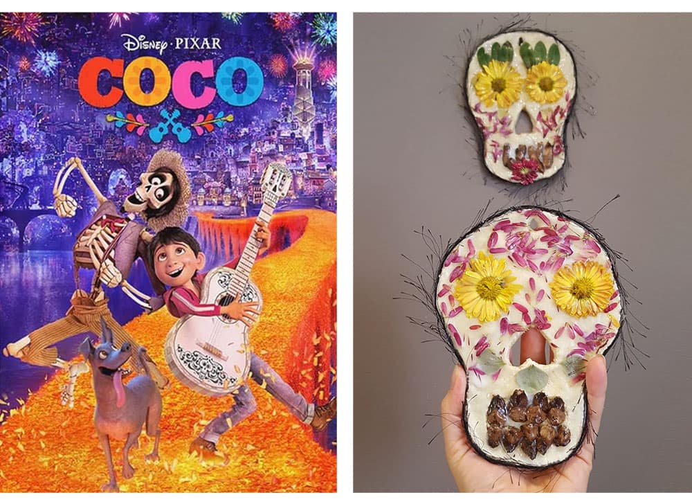 A poster of the family Halloween movie Coco with a sugar skull kids craft project