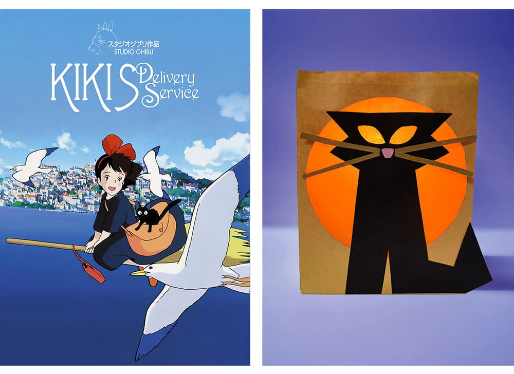 A poster of the kids Halloween movie Kiki's Delivery Service with our Jiji black cat lantern kids craft project