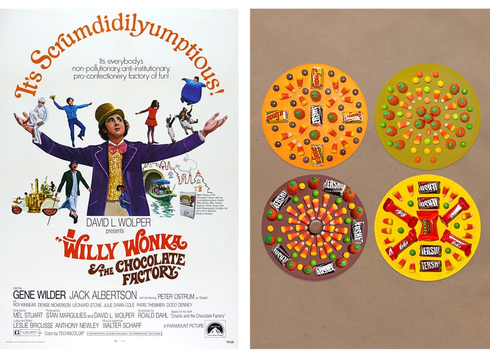 A poster of the kids Halloween movie Willy Wonka and the Chocolate Factory with a candy mandala craft