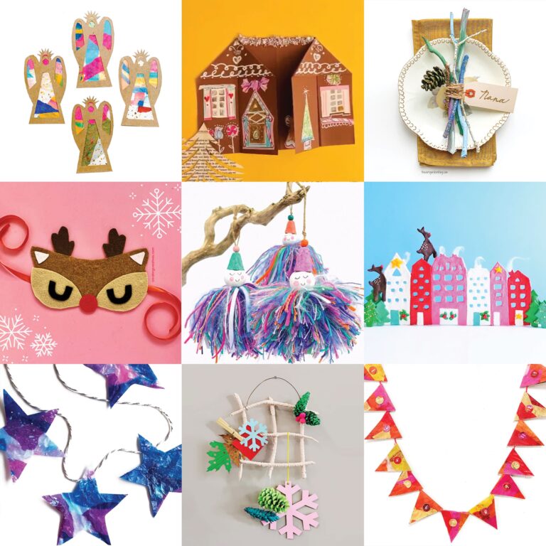 A collage of nine kids holiday crafts.