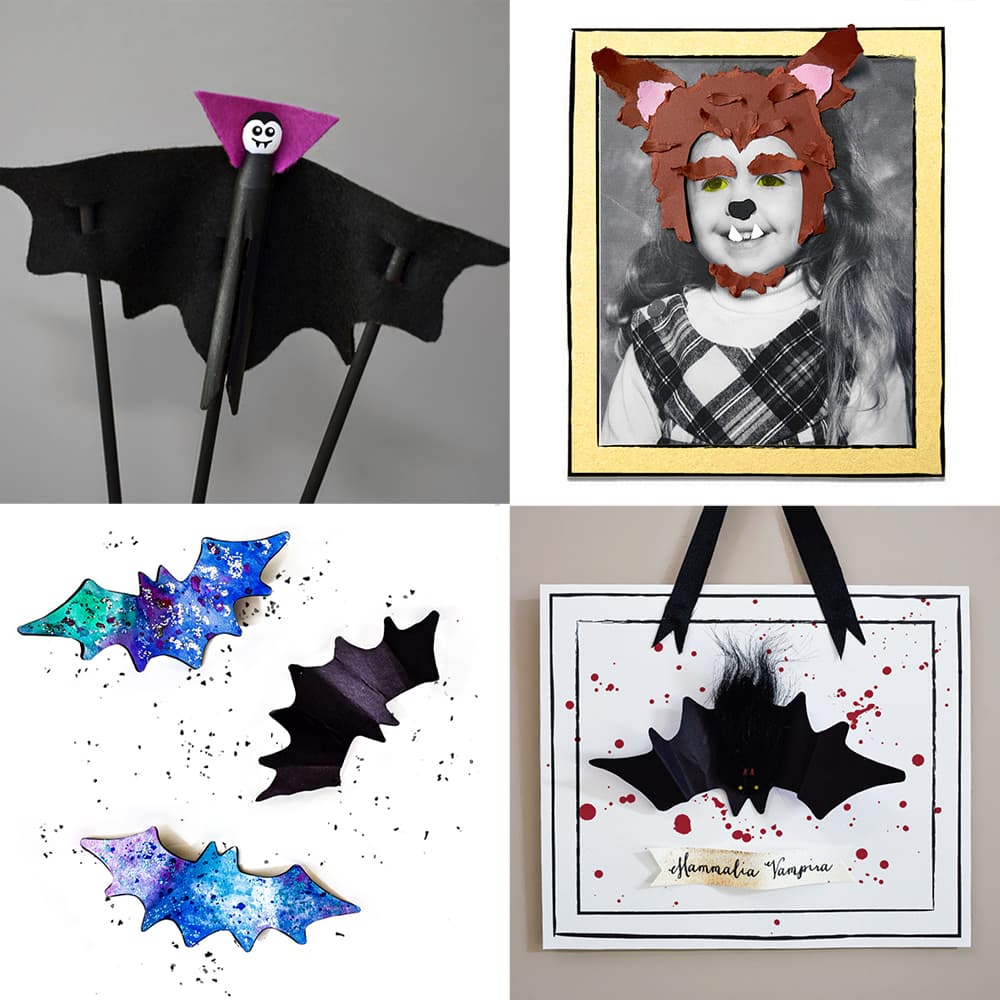 Four of our modern Halloween kids crafts with a vampire bat or werewolf theme