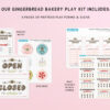 The pages of our printable play bakery forms and signage laid out on a light pink background.