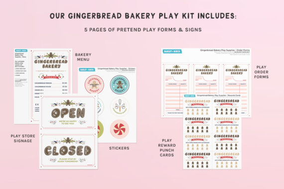 The pages of our printable play bakery forms and signage laid out on a light pink background.