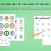 The five pages of our free printable kids art challenge set laying on a green background with scissors