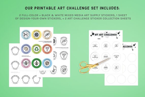 The five pages of our free printable kids art challenge set laying on a green background with scissors