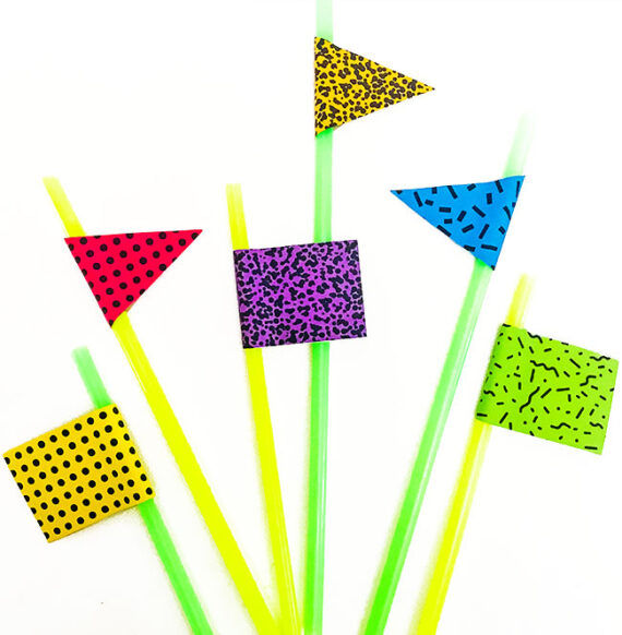 printable-eighties-style-drink-flags Our DIY eighties drink stirrers sitting against a white background