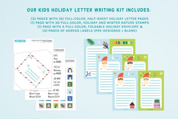 printable-holiday-stationery-for-kids-preview A preview of the pages of our printable holiday stationery and letter writing kit for kids