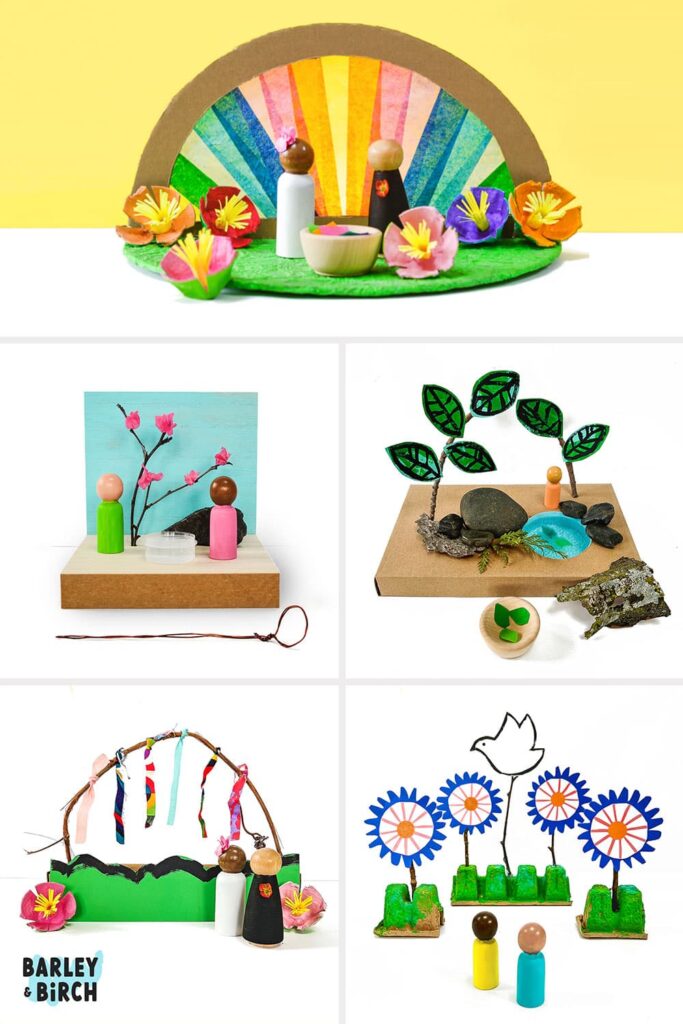 A collage of five photos of our miniature peace garden art and relaxation activity for kids