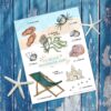Our free printable beach scavenger hunt sitting on blue wooden boards with starfish