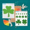 Printed pages of our four-leaf clover and shamrock template set sitting on a blue-green background with rainbow paper cutouts and other decorative elements