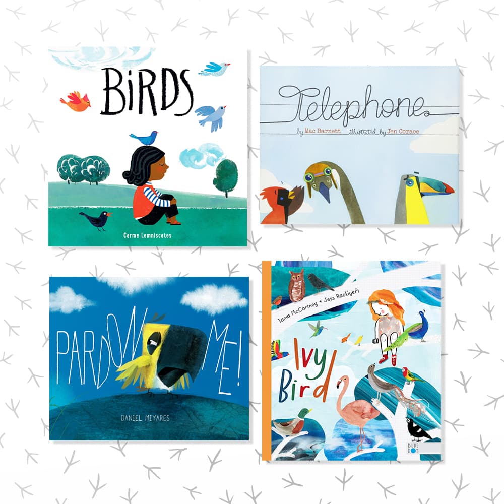 Four bird-themed childrens books sitting on a white and black patterned background 