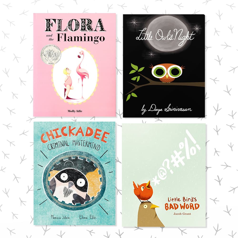 Four bird picture books sitting on a white and black patterned background