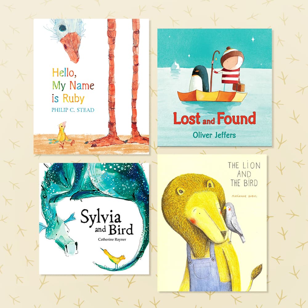 Four childrens books about birds and friendship sitting on a neutral patterned background