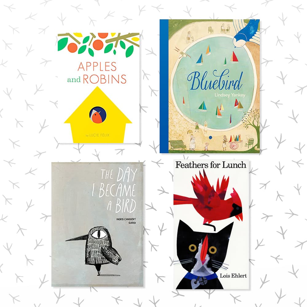 Four bird-themed childrens books sitting on a white and black patterned background