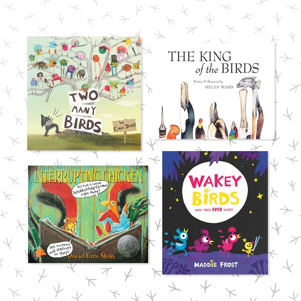 Four childrens books about birds sitting on a white and black patterned background