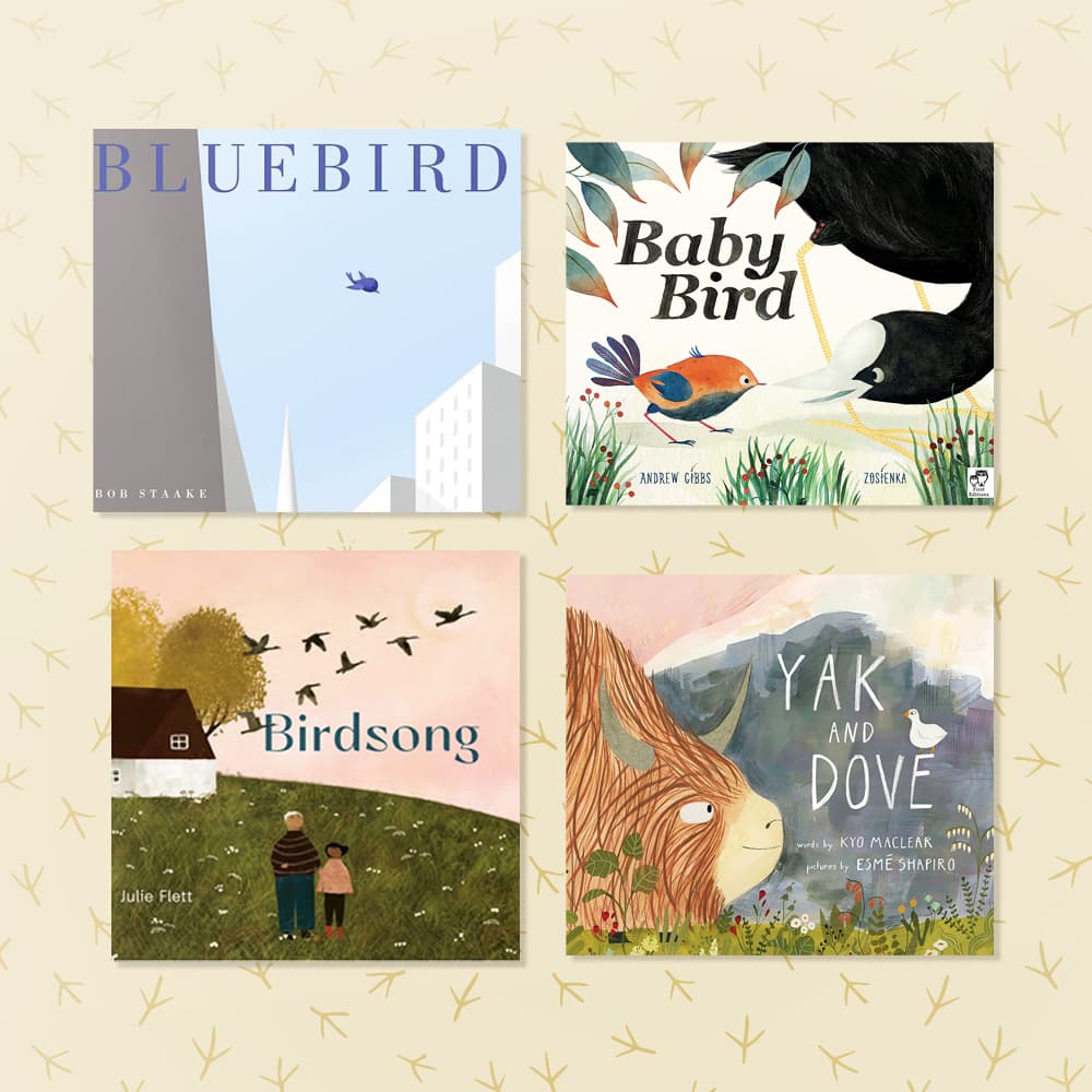 Four childrens books about birds and friendship sitting on a neutral patterned background