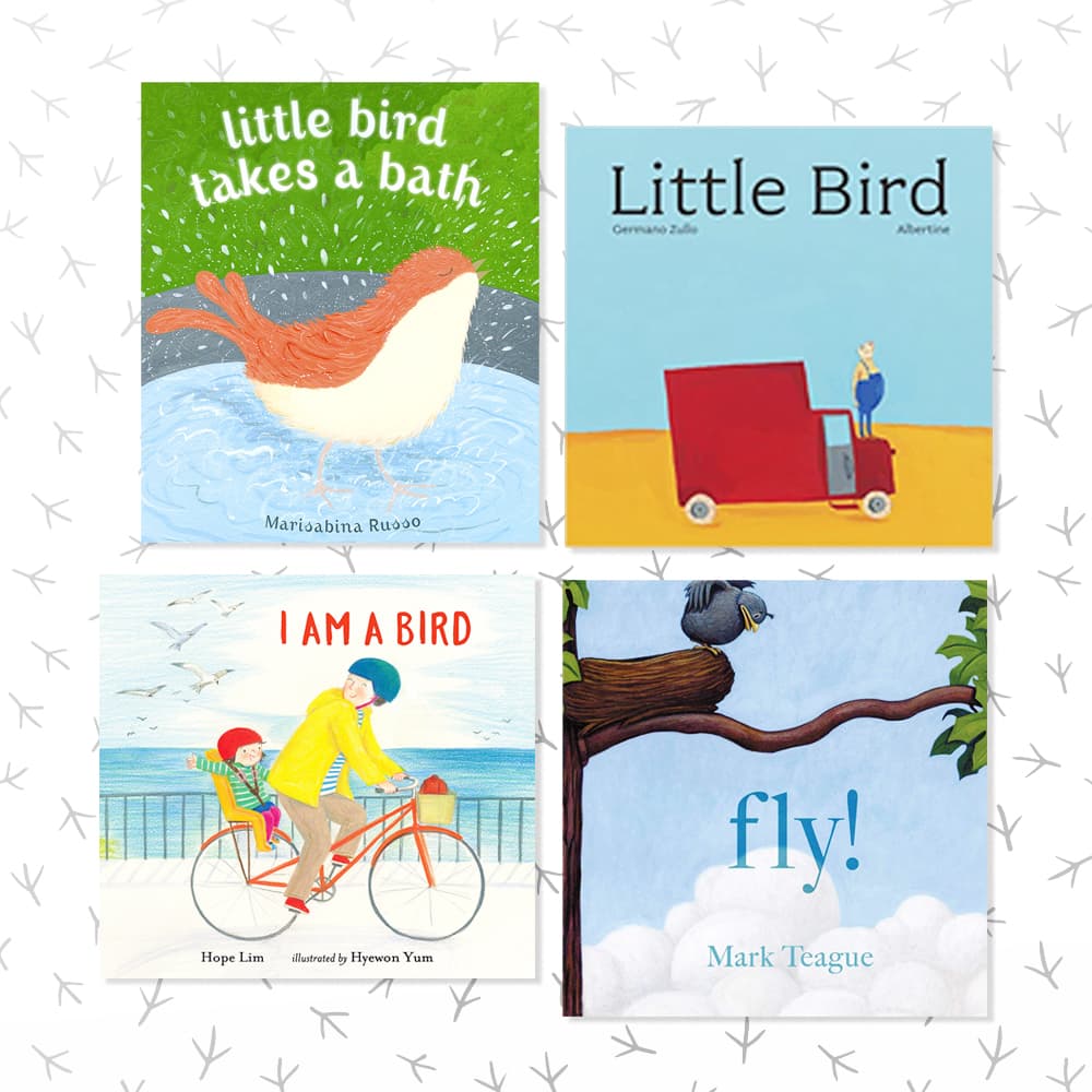 Four picture books about birds sitting on a white and black patterned background