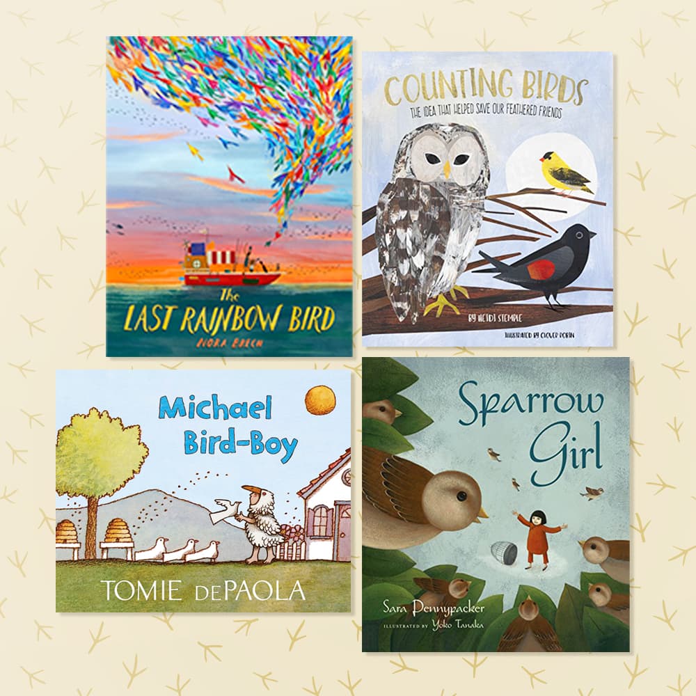Four picture books about birds and ecology sitting on a neutral patterned background