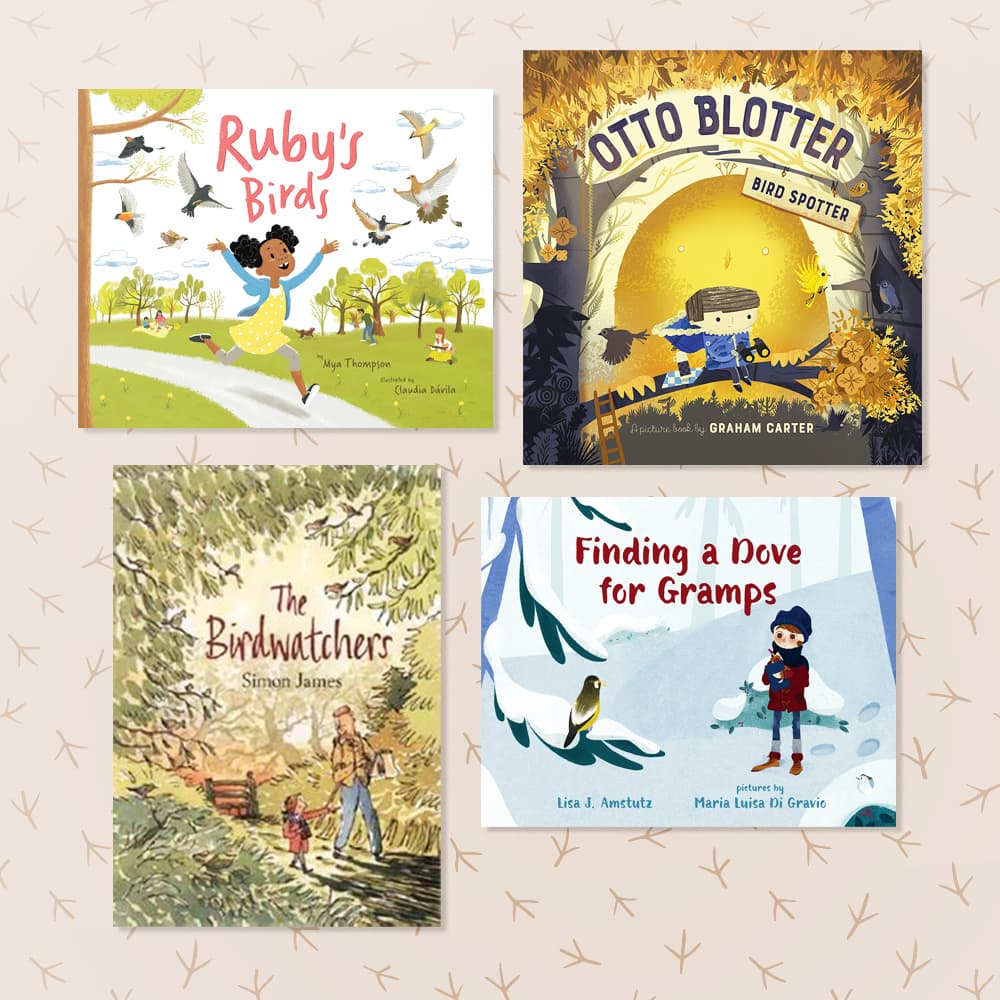 Four childrens books about birdwatching sitting on a neutral patterned background