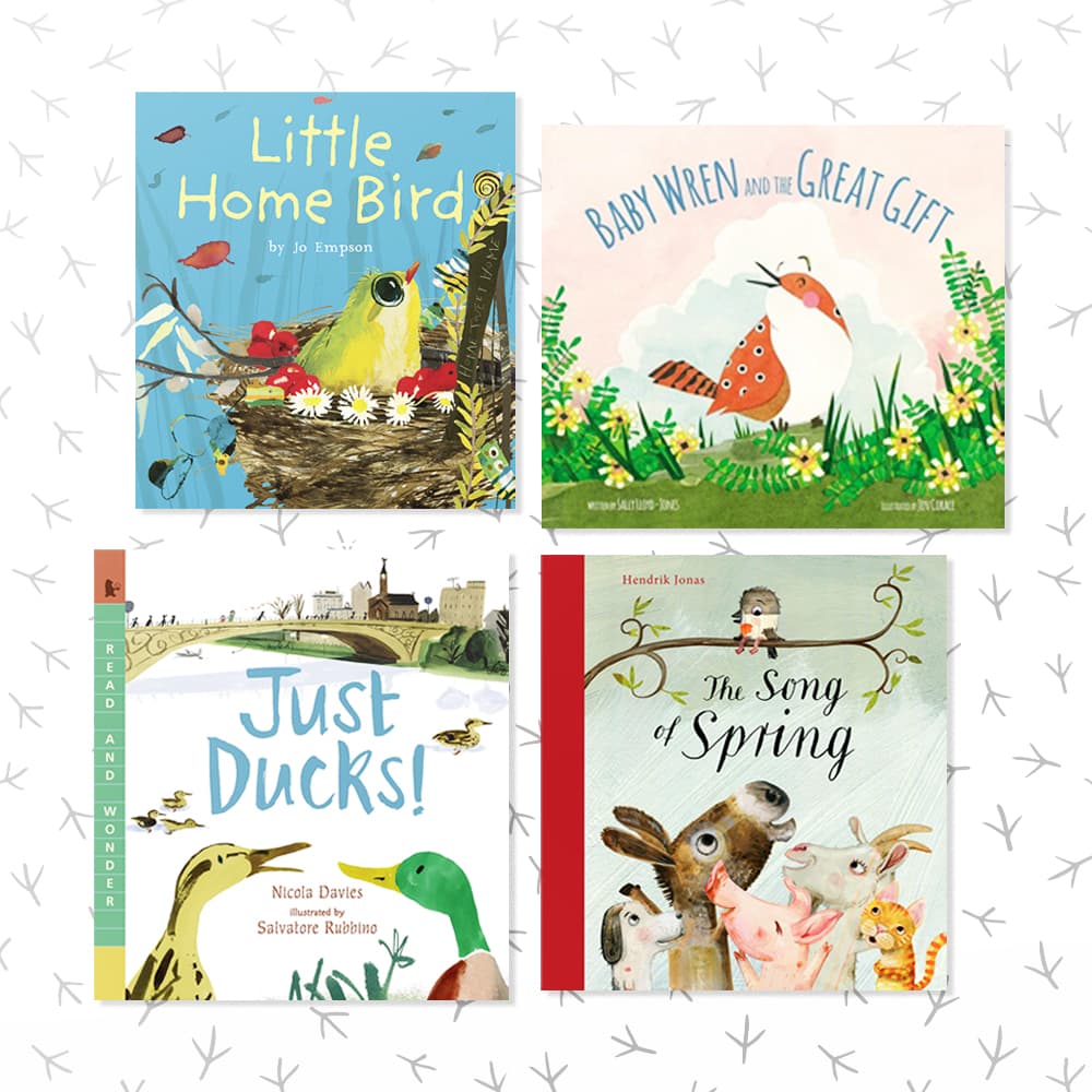 Four childrens books about birds sitting on a white and black patterned background