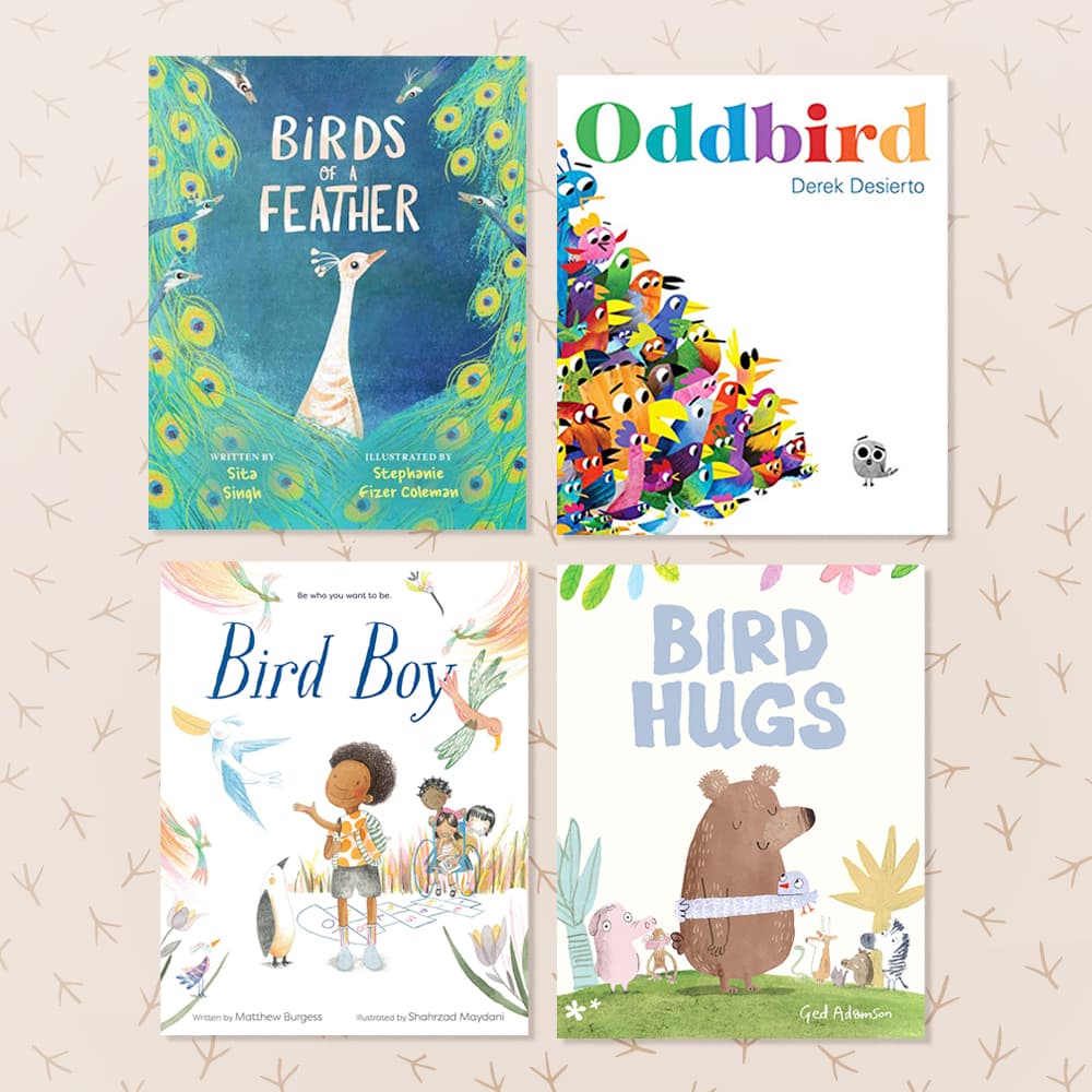 Four childrens books about birds and diversity sitting on a neutral patterned background