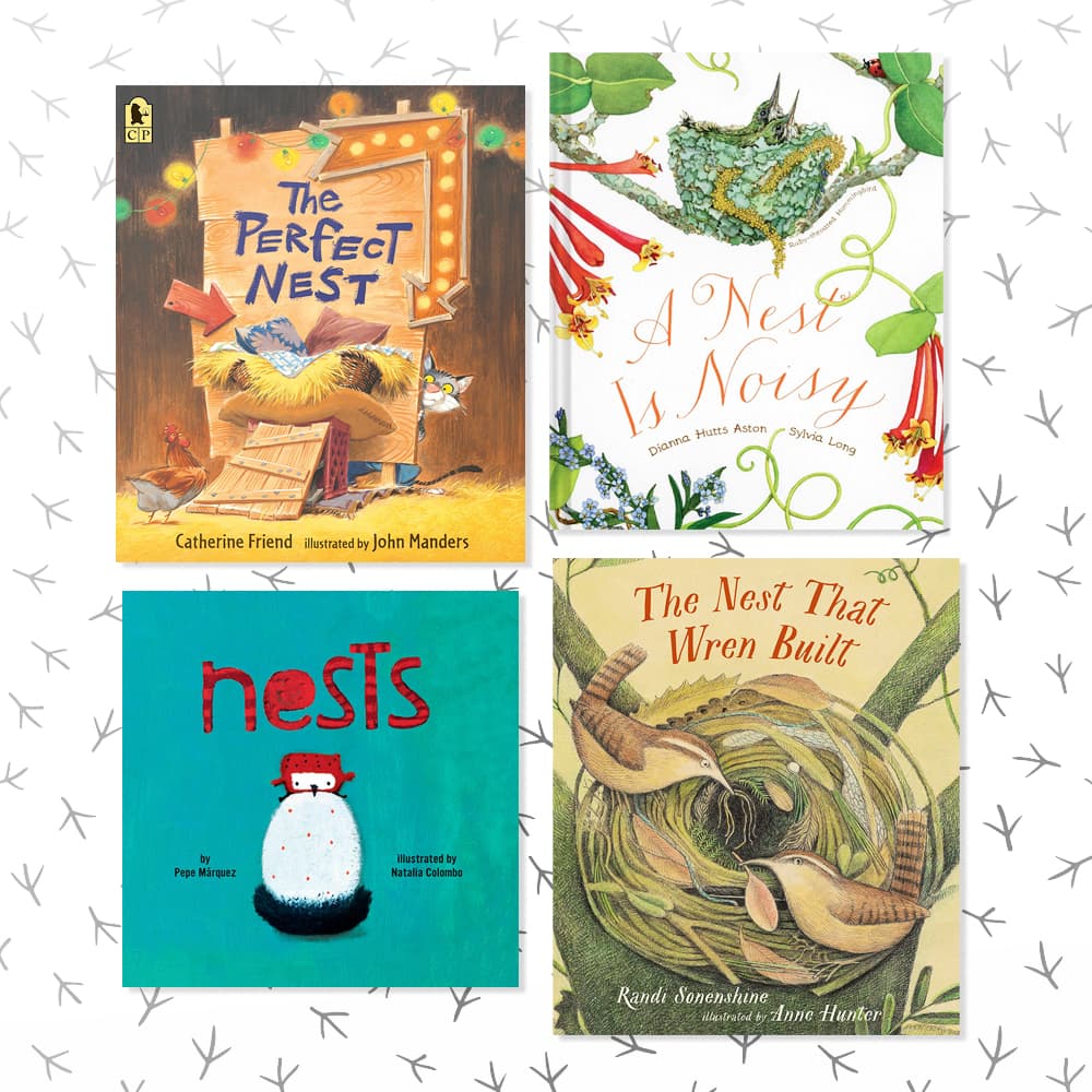 Four childrens books about bird nests sitting on a white patterned background