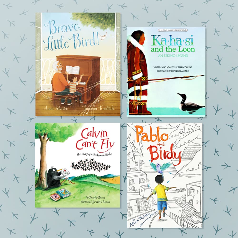 Four childrens books about birds and loss or hardships sitting on a blue patterned background