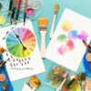 our assembled printable art supply prompt spinner sitting on a desk with other art supplies