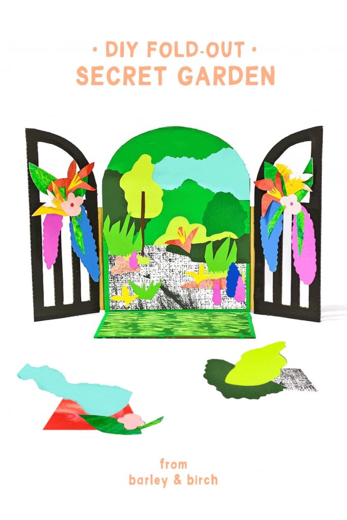 Our diy foldout secret garden craft sitting in front of a white background
