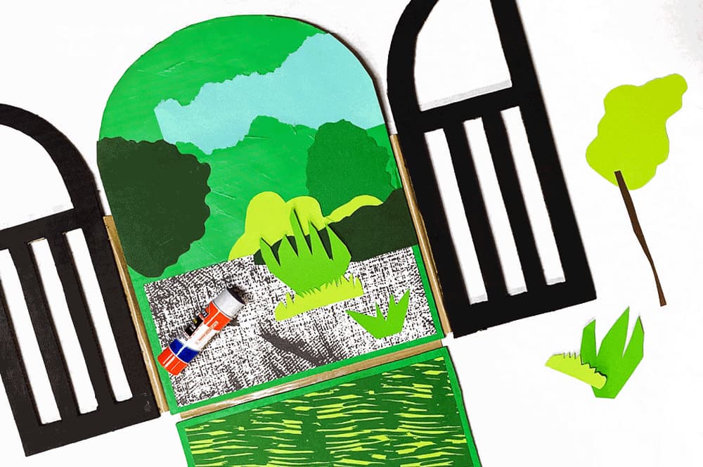 A craft process picture showing how to make our cardboard fold out secret garden craft