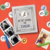 Our printable DIY pet journal kids craft sitting with printable pet stickers, pet photos, and crayons on a red background.