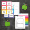 back-to-school-printable-activity-bundle Pages of our back-to-school printable activity bundle for kids sitting against a chalkboard paint background