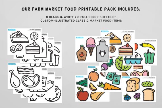Pieces of our printable farm market food templates for dramatic play
