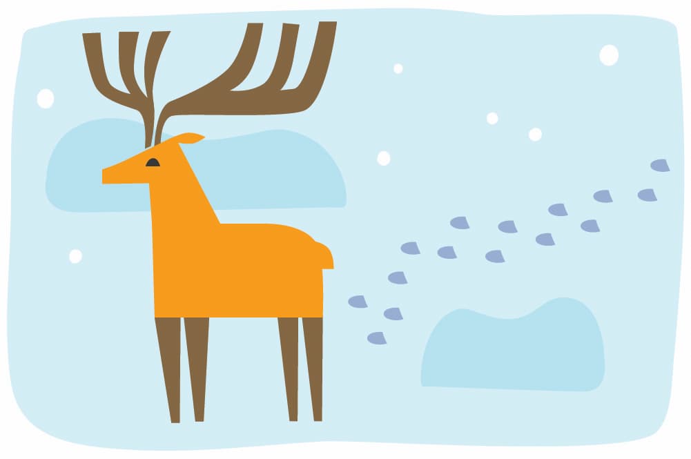 An illustration of a moose or deer making tracks in the snow