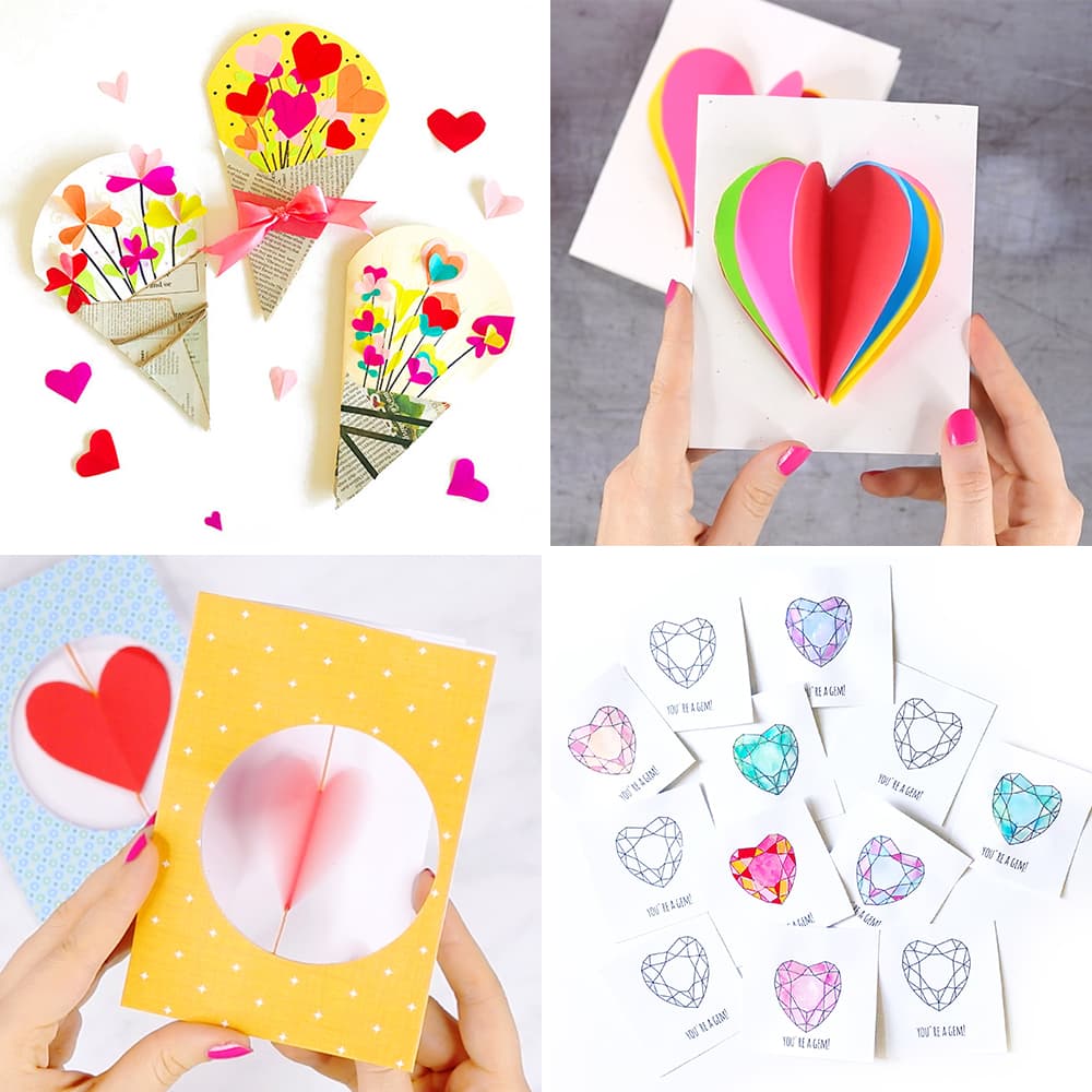A collection of kids handmade heart valentines and cards