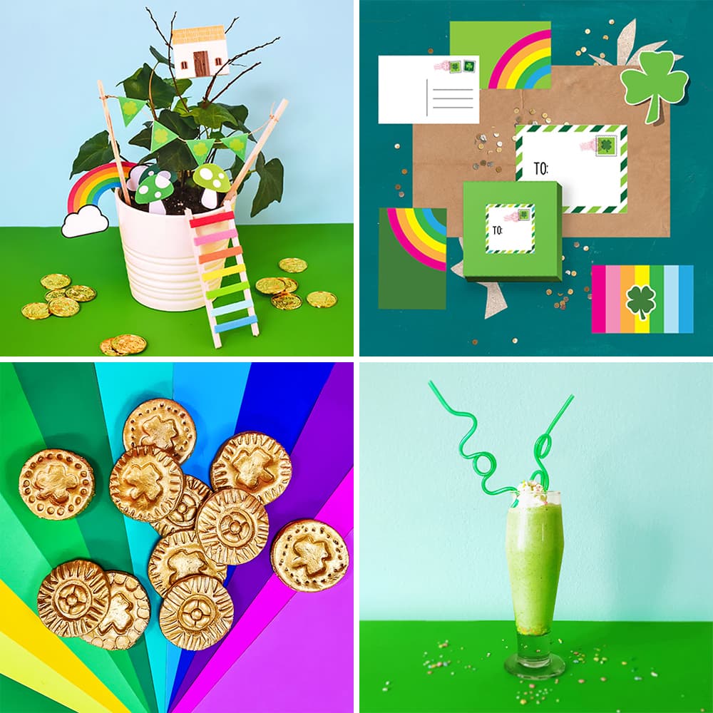 Four cute leprechaun-themed craft ideas in a photo collage