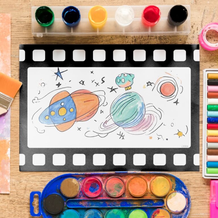 Movie-themed art prompt for kids sitting on a table with art supplies