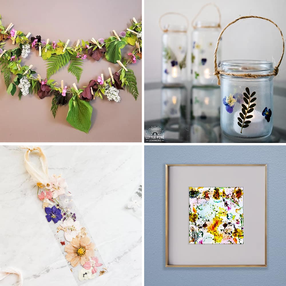 A photo collage of four flower crafts kids can make for Mothers Day