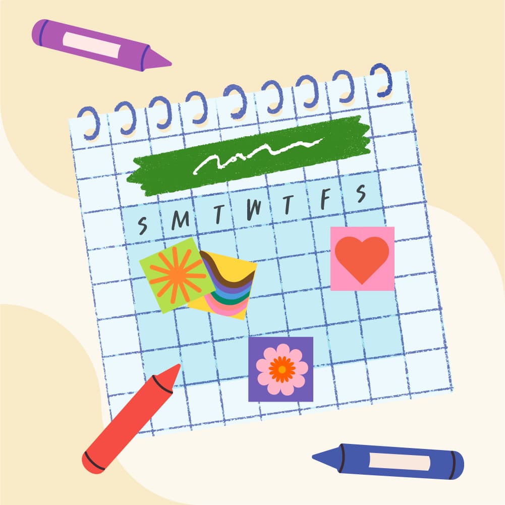 An illustration of a calendar next to text that reads heritage and pride months - resources for kids