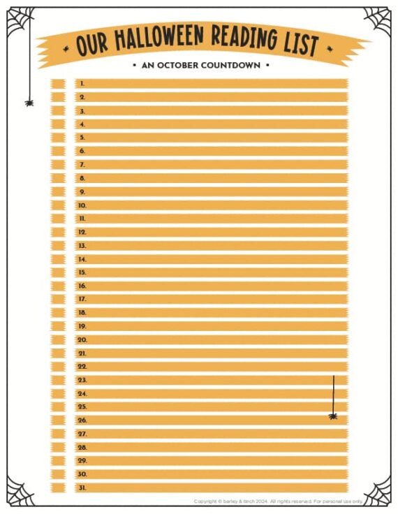 free-printable-Halloween-reading-countdown-list-for-kids-1 A preview of one of the versions of our free printable Halloween book countdown lists for kids and families
